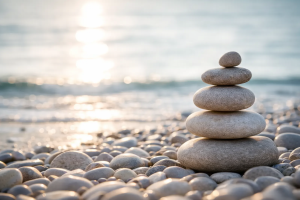 Zen Stones Beach Desktop Background, Peaceful Rock Balancing Mobile Wallpaper