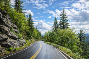 Scenic Mountain Road with Lush Green Forest and Clear Blue Sky - Free Nature Desktop Background