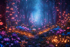 Enchanted Fairy Forest 4K Nature Wallpaper: Magical Glowing Path with Colorful Flowers and Sparkling Lights for Desktop & Mobile Background