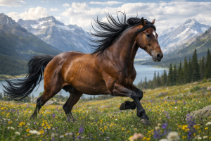 Running Brown Horse in Mountain Meadow 4K Free Desktop Background