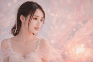 Soft Pink Bridesmaid Dress with Delicate Lace and Bokeh Lights 4K Desktop Wallpaper