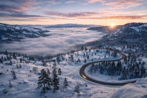 Sunrise Over Snow-Covered Mountains with Winding Road 4K Desktop Background