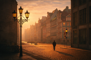 Sunset Street Scene with Lampposts and Old Buildings - Free 4K Desktop Wallpaper