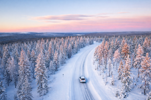 Winter Forest Road at Sunset 4K Desktop Background, Free Snowy Landscape Wallpaper for Mobile