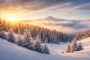 Winter Mountain Landscape with Snow-Covered Trees and Sunrise - 4K Desktop Background