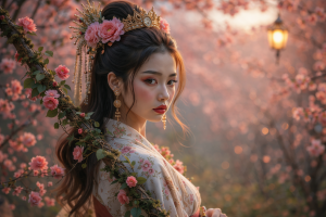 Beautiful Asian Woman in Traditional Floral Dress with Cherry Blossoms 4K Desktop Background