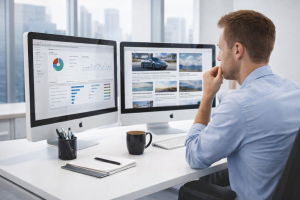 Modern Office Workspace with Dual Monitors for Professional Desktop Background