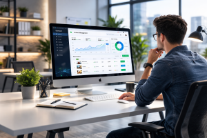 Modern Office Workspace with Young Professional Analyzing Product Management Dashboard on Mac Desktop