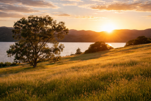 Sunset Over Serene Lake with Golden Grass and Hills - Free Nature Desktop Wallpaper