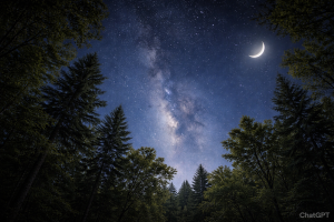 Starry Night Forest 4K Wallpaper - Moonlit Trees and Milky Way Galaxy Background for Desktop and Mobile