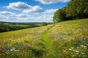 Beautiful Wildflower Meadow with Rolling Hills and Blue Sky 4K Ultra HD Desktop Background