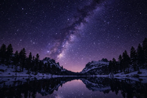Starry Night Sky Over Snowy Mountain Lake Free 4K Desktop Wallpaper