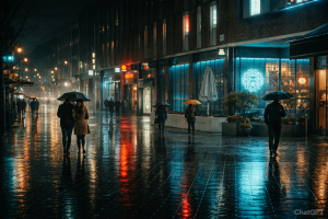 Rainy Night City Street with Umbrellas - Dark Urban Rainy Evening Scenery - Free 4K Desktop Background