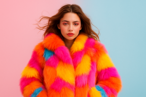 Fashionable Young Woman in Colorful Fur Coat Pink Blue Gradient Wallpaper