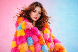Vibrant Colorful Fur Coat Fashion Girl - Stylish 4K Desktop Background for Laptop & Mobile