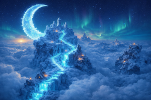 Fantasy Ice Castle in the Sky with Northern Lights and Blue Moon 4K Desktop Background