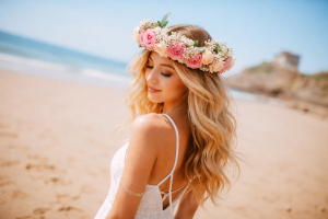 Beautiful Woman in Floral Crown on Beach - Stunning 4K Nature Desktop Background