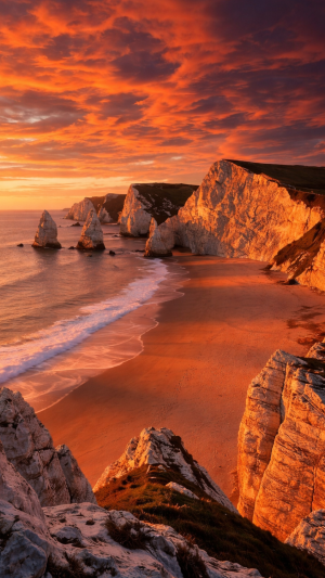 Gorgeous Orange Sunset on Beach with Cliffs - 4K Desktop Nature Wallpaper Background