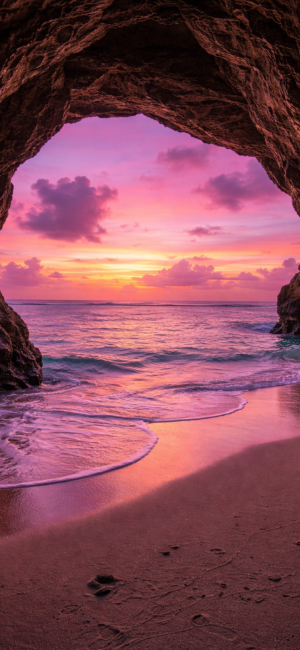 Stunning Pink Sunset Beach Cave Mobile Wallpaper 4K HDR Free Download