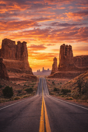 Stunning Desert Road at Sunset with Towering Rock Formations - Free 4K Desktop Background