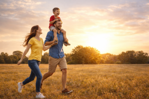 Happy Family Running in Golden Field at Sunset, Free Desktop Nature Wallpaper