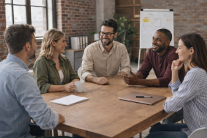 Happy Team Meeting in Office, Modern Workplace Background, Positive Business Colleagues Desktop Wallpaper
