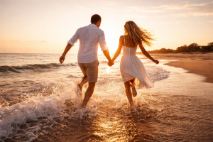 Couple Running on Beach at Sunset - Romantic 4K Desktop Background Wallpaper