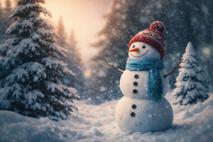 Winter Snowman in Forest 4K Desktop Background, Free Snowy Landscape Wallpaper