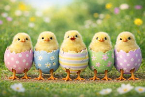 Cute Baby Chicks in Colorful Easter Eggs, Adorable Spring Desktop Wallpaper