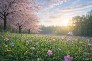 Spring Blossom Field with Cherry Blossom Trees and Wildflowers - Relaxing Nature Desktop Wallpaper