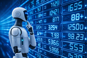 4K Futuristic Robot Analyzing Stock Market Data Desktop Background
