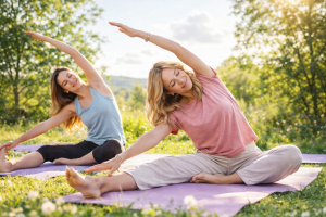 Two Women Practicing Yoga in Nature Free Desktop Background
