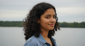 Beautiful Young Woman with Curly Hair Smiling by the Lake - Free Nature Desktop Wallpaper