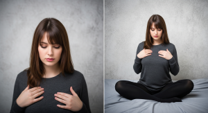 Young Woman Meditating Peaceful Calming Dark Background Desktop Wallpaper