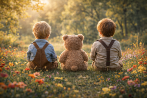 Two Boys and Teddy Bear Sitting in Flower Field - Cute - Beautiful Desktop Background