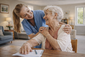 Elderly Caregiver Supporting Senior Woman Writing at Table - Free Desktop Background