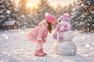 Winter Snow Girl Kissing Snowman in Pink Coat Free Desktop Wallpaper 4K