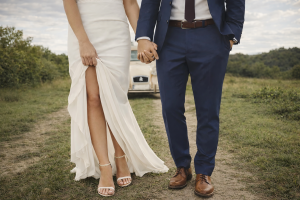 Romantic Wedding Couple Holding Hands in Countryside with Vintage Car, Outdoor Nature Background, Free Desktop Wallpaper
