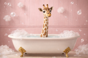 Cute Giraffe in Bathtub with Bubbles - Whimsical Animal Desktop Wallpaper
