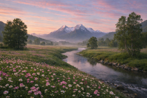 Serene Mountain Valley with Wildflowers and Stream - Free 4K Desktop Background