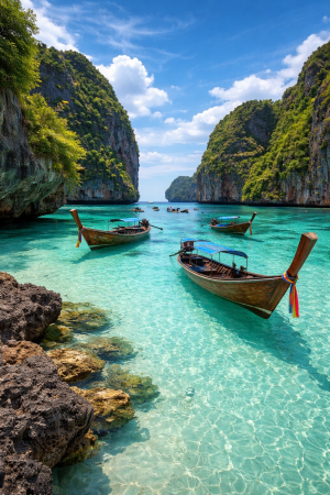 Vibrant Turquoise Lagoon with Longtail Boats in Thailand - Stunning Tropical Island Desktop Wallpaper 4K