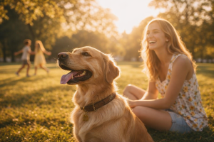 Golden Retriever Smiling with Happy Woman in Park at Sunrise 4K Desktop Background