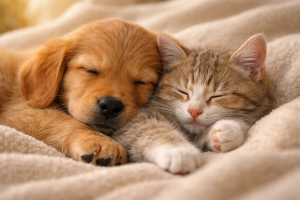 Adorable puppy and kitten sleeping cuddled
