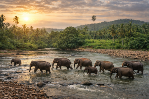 Elephants in River at Sunset - Nature Wallpaper