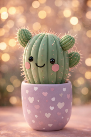 Cute Cactus with Happy Face Pink Heart Pot Mobile Background