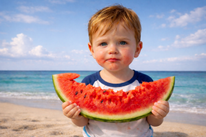 Cute Baby Holding Watermelon Beach Desktop Wallpaper