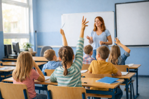 Classroom Scene with Teacher and Students Desktop Wallpaper