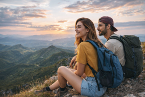 Couple Hiking Sunset Mountains Desktop Wallpaper