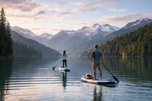 Couple Kayaking in Mountains at Sunset