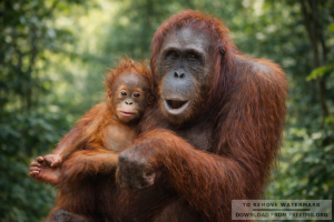 Cute Baby Orangutan with Mother
